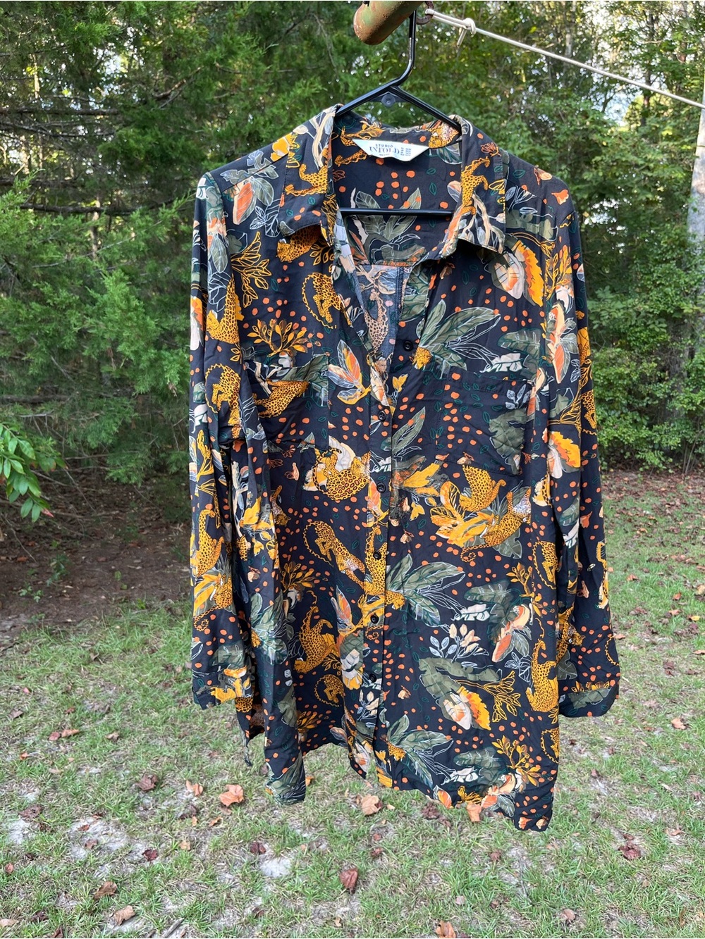 Studio Black Tropical Button-Front Women's Blouse with Mustard Accents